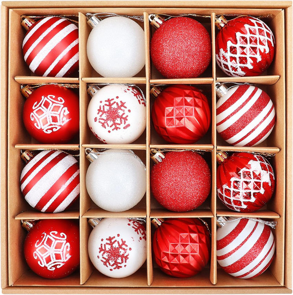 16PCS Christmas Ball Ornaments, 2.36 Inch Red and White Christmas Tree Ornaments with Glittering, Shatterproof Baubles for Christmas Tree Decorations, Wreaths, Garlands
