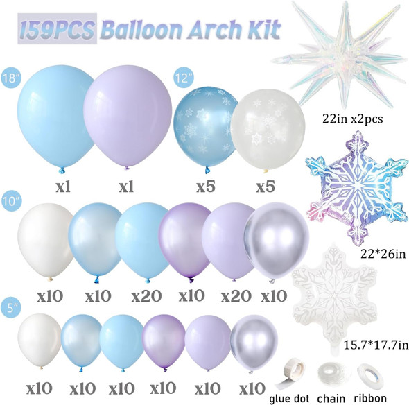 Ice Snow Birthday Party Decorations, 159 PCS Snowflake Balloon Garland Arch Kit,Blue Purple Iridescent Exploding Star Foil Balloon for Princess Winter Wonderland Birthday Christmas Party Decor