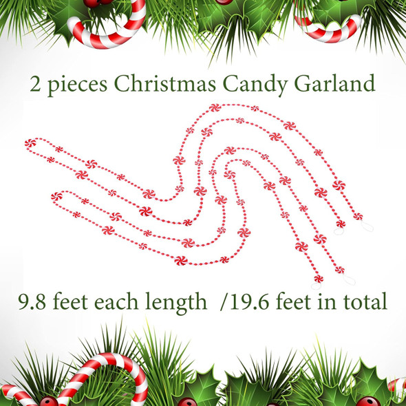 2 Pieces 19.6 feet Christmas Candy Garland Christmas Tree Garland Plastic Christmas Bead Garland Xmas Holiday Candy Cane Decor for Christmas Tree Wreaths Fence Fireplace Decorations