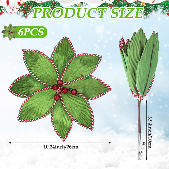 6 Pcs Green Peppermint Edge Christmas Poinsettia Stem 10.24 x 3.94 Inch Silk Velvet Artificial Poinsettia Flowers Fake Poinsettia Blooms for Christmas Trees and Holiday Decorations