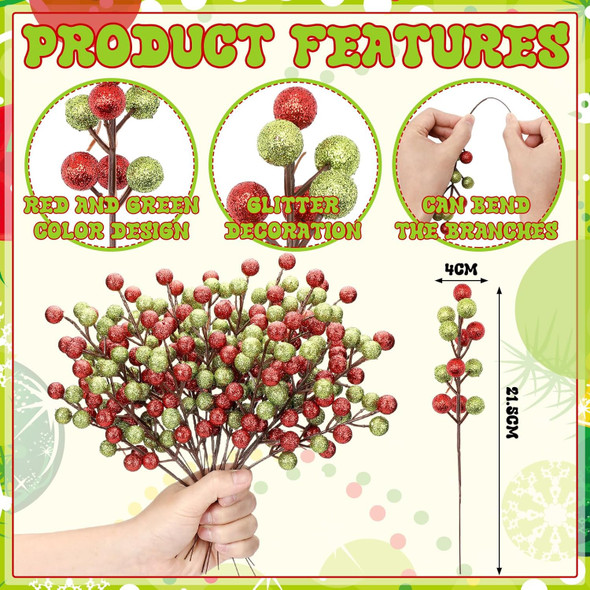 24 Pack Christmas Glitter Berry Stems 9.45'' Red Green Artificial Christmas Picks for Christmas Tree Ornaments Glitter Berry Branches for Xmas DIY Crafts Wreath Decorations Holiday Year