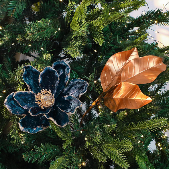12 Pcs Christmas Glitter Artificial Flower Set 6 Magnolia Flower 6 Magnolia Leaves Picks Christmas Tree Wreath Decor Artificial Floral Ornaments for Xmas Party Holiday (Peacock Blue)