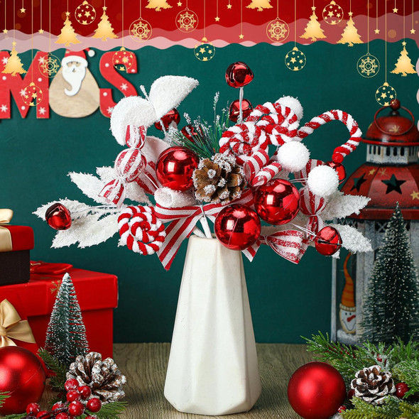 20 Pcs Christmas Red and White Picks 10'' Peppermint Christmas Decorations Curly Candy Cane Picks Ornaments Vintage Pick with Bells Jingle Candies on Sticks for Xmas Vase Filler Tree Wreath