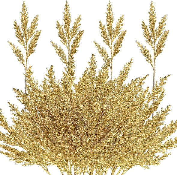 12 Pcs Christmas Artificial Pine Needles Faux Cedar Branches 17 Inch Glitter Fake Foliage Pine Stems Picks Christmas Tree Ornaments for DIY Xmas Garland Wreath Crafts Decoration(Gold)