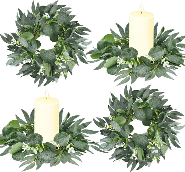 Thinkday 4 Pcs Candle Rings Artificial Eucalyptus Leaves Wreath Small Boho Wreath Pillar Candle Holder for Spring Summer Wedding Home Door Tabletop Decoration