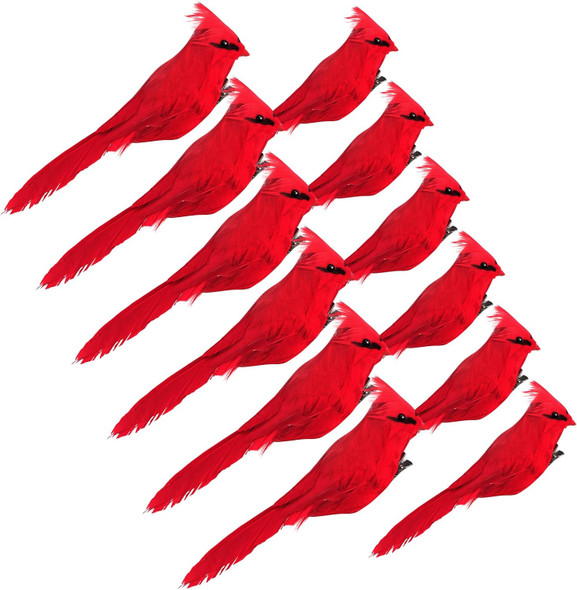12 Pcs Cardinal Ornament with Clip on Feather Artificial Doves Bird Christmas Tree Ornament Bright Fake Cardinal Craft for Winter Theme Wreath Garland Decor, Red Cardinals, 4.7 Inches and 5.9 Inches