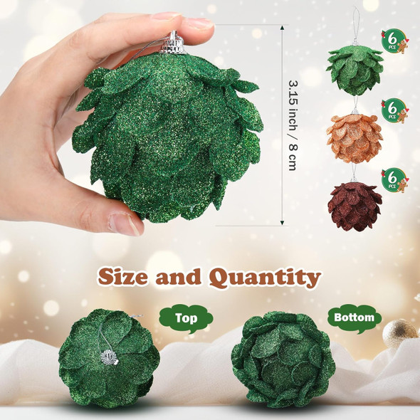 Threan 18 Pcs Christmas Ball Ornaments Glitter Christmas Tree Ornaments Artificial Pinecones Flowers Hanging Decoration for Christmas Xmas Winter Wreath Holiday Party Decor (Mixed Color)