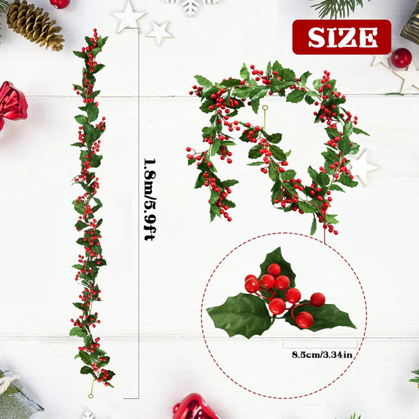 6 FT Red Berry Christmas Garland,Flexible Artificial Berry Garland,Christmas Garland Greenery with Holly Leaves Red Berries for Christmas Decorations,Winter,Holiday,Indoor Outdoor Decor