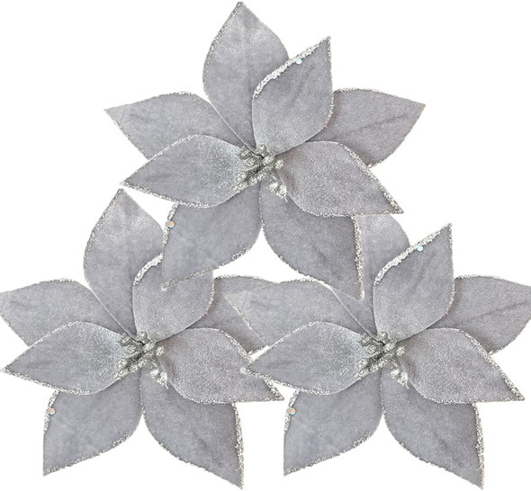 10pieces Christmas Flower for Tree 7'' Christmas Poinsettia Flowers Artificial Christmas Party Flowers Ornament for Xmas Tree Wreath Garland Wedding Holiday Party Decoration (Silvery)