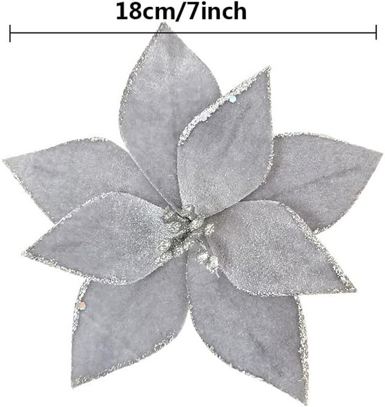 10pieces Christmas Flower for Tree 7'' Christmas Poinsettia Flowers Artificial Christmas Party Flowers Ornament for Xmas Tree Wreath Garland Wedding Holiday Party Decoration (Silvery)