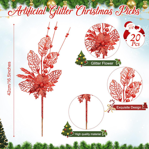 Tigeen 20 Pcs 16.5 Inch Artificial Christmas Picks for Christmas Tree Glitters Christmas Picks Sprays with Flowers Berry Leaves Christmas Glitter Berries Stems for Xmas Tree Ornaments (Red)
