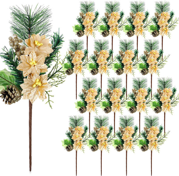 Tigeen 16 Pcs Poinsettia Christmas Flowers 13.4 Inch Artificial Christmas Tree Picks Faux Christmas Flowers Fake Pine Cone Green Leaf Berry Needle Decorative Stems for Holiday Decor DIY Wreath(Gold)