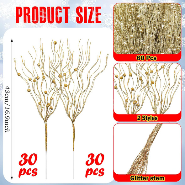 Tigeen 60 Pcs Christmas Artificial Glitter Berry Stem Decoration Bead Stick Pick 17 Inch Glittery Twig Branches for Xmas Tree Small Vase DIY Craft Wreath Home Decor Party Ornament(Gold)