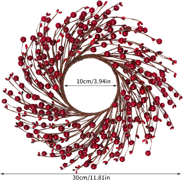 12 Inches Berry Wreath Pip Berries Wreath Winter Artificial Twig Wreath for Festival Celebration Home Farmhouse Front Door Wall Window Home Office Decor Housewarming (Red)