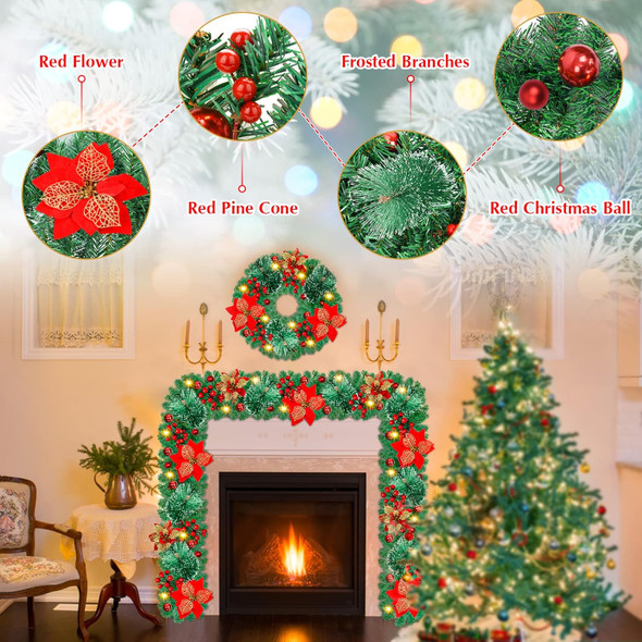 9Ft Pre-lit Christmas Garland with LED Lights Battery Operated, Holiday Decoration Stairs Wall Mantle Door Indoor Outdoor, Decorated with Red Flower, Balls, Berries, Snowy Pine, Christmas Collection