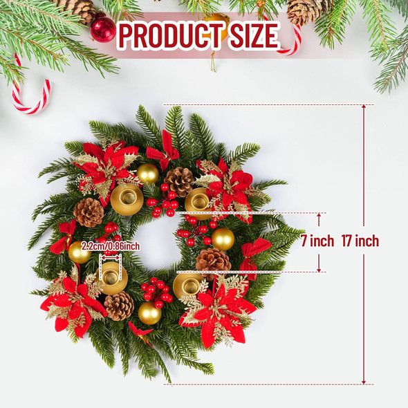 Tioncy 17 Inch Christmas Advent Wreath Candle Holder Christmas Table Centerpiece Decoration Advent Candle Holder Wreath with Pine Cones Holly Berries Stem Bow Tie for Winter Church Decor Supplies