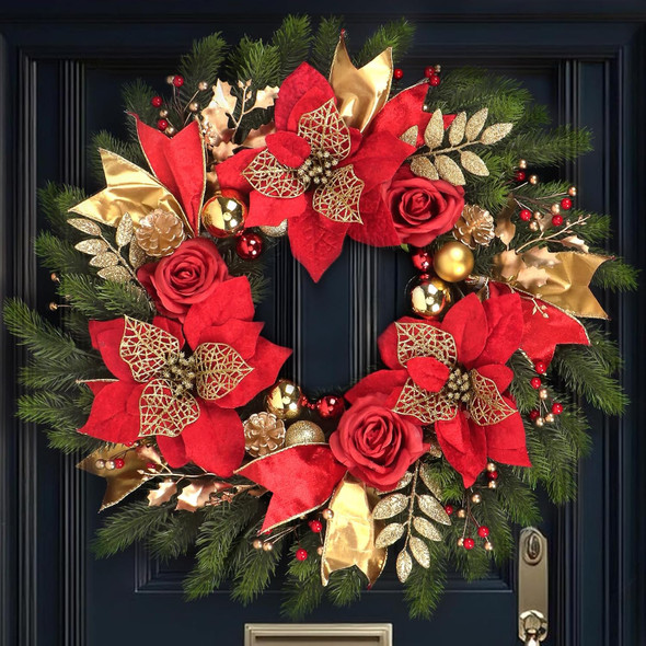 Christmas Wreaths for Front Door,24in Winter Wreaths for Indoor and Outdoor Christmas Decorations,Christmas Door Wreath with Red Christmas Flowers and Golden Ball,Pine Cones,Leaves for Christmas Decor