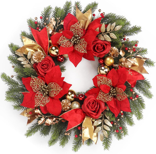 Christmas Wreaths for Front Door,24in Winter Wreaths for Indoor and Outdoor Christmas Decorations,Christmas Door Wreath with Red Christmas Flowers and Golden Ball,Pine Cones,Leaves for Christmas Decor