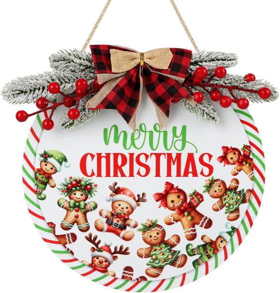 TOARTi Merry Christmas Sign for Front Door Decor Merry Christmas Wooden Door Sign for Xmas Christmas Gingerbread Sign Wooden Wreath Wall Hanging with Plaid Bow Red Berry