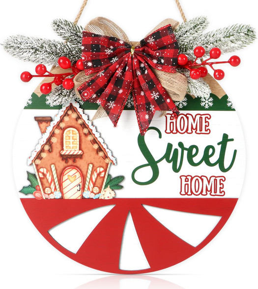 TOARTi 3D Christmas Home Sweet Home Door Wreath with Bow Pine(11.4''x11.4''), Merry Christmas Welcome Wall Sign Hanging, Farmhouse Xmas Porch Entryway Decoration for Christmas Winter Housewarming
