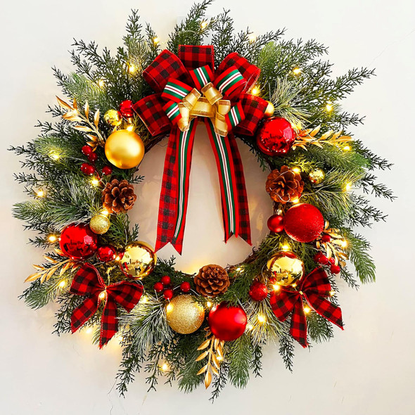 Christmas Wreath with Lights 20 Inch Pre-Lit Christmas Door Wreath for Front Door with Red Plaid Bow and Ball Ornaments, Battery Operated Timer 40 LED Lights, Holiday Decoration for Fireplace Xmas