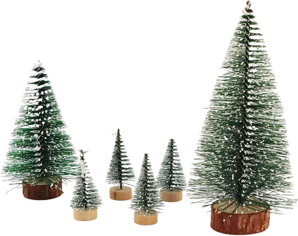 6PCS Artificial Mini Christmas Tree, Small Sisal Trees with Wooden Bases, Bottle Brush Trees Xmas Tabletop Trees for Home Kitchen Christmas Decor(6pcs)