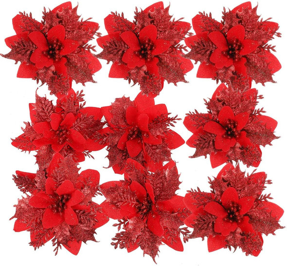 TOYANDONA 24 Pieces Christmas Glitter Poinsettia Flowers Christmas Tree Ornaments Artificial Flowers for Christmas Wreath Decoraiton (Red)