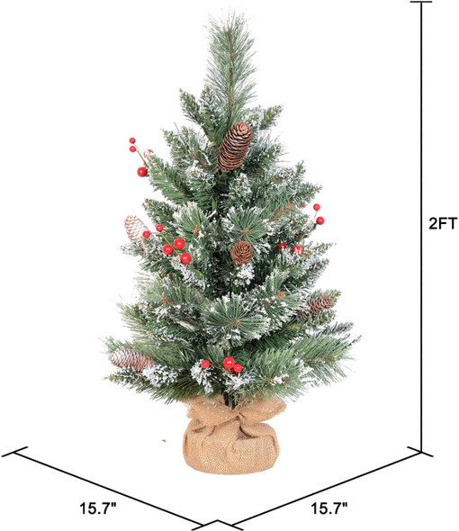 2ft Mini Christmas Tree with a Burlap Base, Unlit Artificial Small Tabletop Christmas Tree, Cashmere Snowy Table Fake Xmas Trees with a Cloth Bag Base, Green, Snow