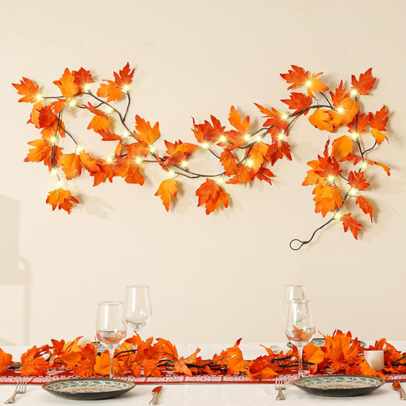 Thanksgiving Decorations Fall Garland with Lights 6 Ft Fall Maple Leaf Garland with 36 Fairy Lights for Indoor Outdoor Autumn Harvest Halloween Fall Decor Home Wedding Fireplace Party Christmas