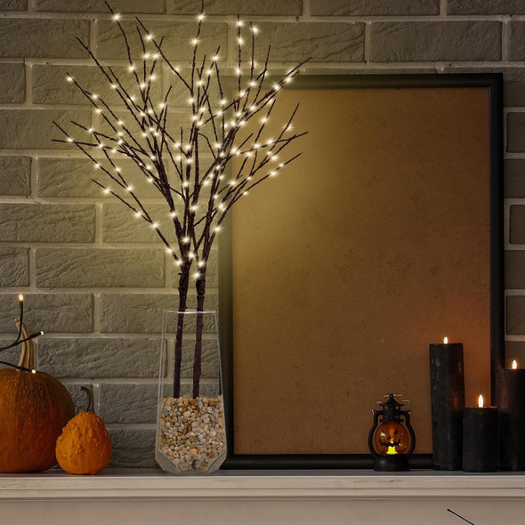 2 Pack Lighted Brown Willow Branches for Vases, 32IN 100 LED Artificial Tree Branches Lights with Timer, Plug in Lighted Brown Twig Branches for Home Fireplace Christmas Party Decoration