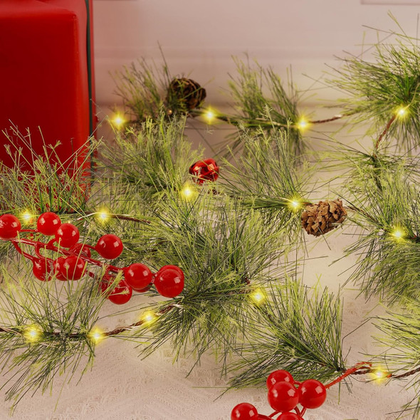 6.56FT Christmas Garland with Lights 100 LED Prelit Christmas Smokey Pine Garland, 8 Flash Modes and Timer for Xmas Table Mantle Fireplace Wall Room Outdoor Indoor Decoration