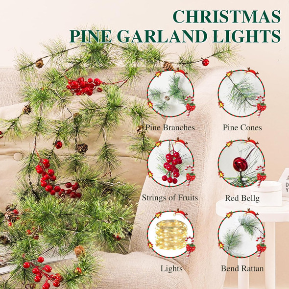 6.56FT Christmas Garland with Lights 100 LED Prelit Christmas Smokey Pine Garland, 8 Flash Modes and Timer for Xmas Table Mantle Fireplace Wall Room Outdoor Indoor Decoration