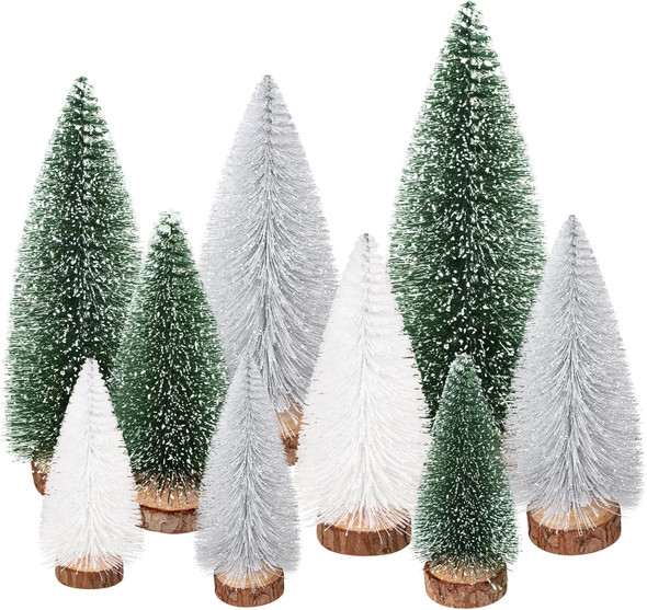 9Pcs Mini Christmas Tree, Bottle Brush Christmas Trees Wooden Base Table Decor with 4 Sizes, Artificial Tabletop Christmas Tree Indoor Village Decor Xmas Decorations(Green+Sliver+White)