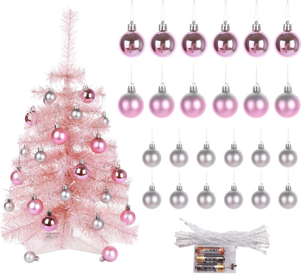 Tabletop Christmas Tree with Lights, Small Pink Christmas Tree Artificial Christmas Pine Tree for Home Kitchen Dining Table Decoration