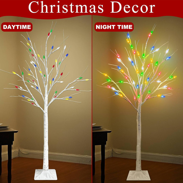 TURNMEON Artificial Christmas Tree, 4 Ft Lighted Birches Tree, Prelit 48 Multicolor Lights, White Twig Adjustable Branches, Waterproof, Xmas Decor for Indoor Outdoor Use, Party Fireplace Wedding Home