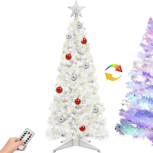 4 Ft Christmas Tree Remote Control 8 Modes Dual Color Change Timer 100 Warm White&Colored Lights 18 Christmas Ball Ornaments 3D Star Battery Operated Small Xmas Tree Table Indoor Holiday Party Decor