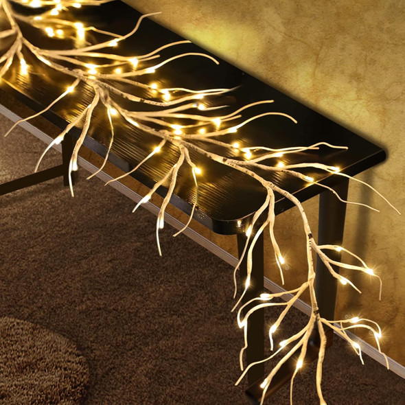 TURNMEON 6Ft 54 LED Lighted Birch Garland Prelit Branches with Timer 8 Modes Warm White Lights Battery Operated Prelit Twig Vine Garland for Mantle Fireplace Table Christmas Decorations Indoor Outdoor