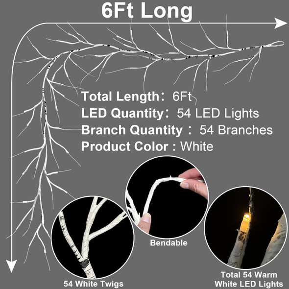 TURNMEON 6Ft 54 LED Lighted Birch Garland Prelit Branches with Timer 8 Modes Warm White Lights Battery Operated Prelit Twig Vine Garland for Mantle Fireplace Table Christmas Decorations Indoor Outdoor