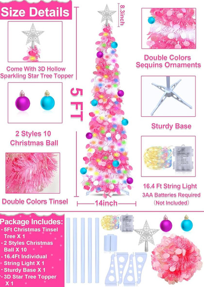 TURNMEON 5 Ft Pop Up Christmas Tree Dual Color Change Lights Ball Ornaments Star Sequin Pink Tinsel Christmas Tree 8 Mode Timer Warm White Colorful Battery Operated Holiday Xmas Decoration Indoor