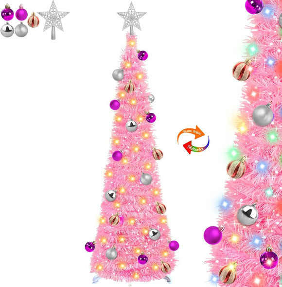 5 Ft Pop Up Christmas Tree Tinsel with 50 Color Lights Timer 3D Star 25 Balls Battery Operated Pencil Slim Artificial Tree Holiday Party Christmas Decoration Home Indoor Outdoor (Pink)