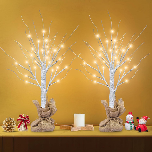 [ 2 Pack & Timer ] TURNMEON Prelit Lighted Birch Trees with 48 LED Warm White Lights DIY Burlap, Battery Operated Artificial Tabletop Christmas Tree for Home Indoor Holiday Xmas Christmas Decorations
