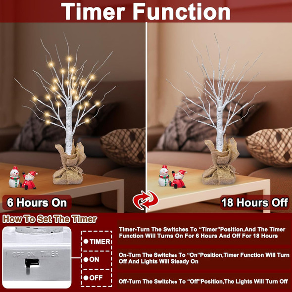 [ 2 Pack & Timer ] TURNMEON Prelit Lighted Birch Trees with 48 LED Warm White Lights DIY Burlap, Battery Operated Artificial Tabletop Christmas Tree for Home Indoor Holiday Xmas Christmas Decorations