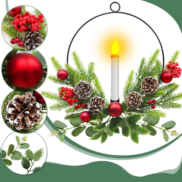 TURNMEON 15 Inch Christmas Front Door Wreaths with LED Candles & Timer Remote, Xmas Wreath with Xmas Ball Pinecone Red Berry Battery Operated Light up Christmas Window Mantel Holiday Home Decorations