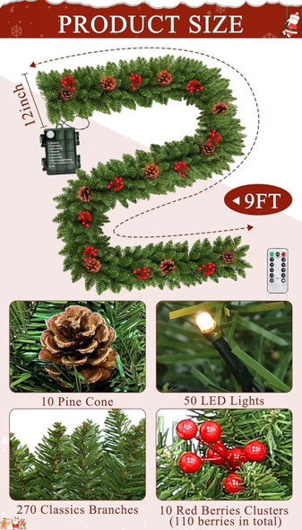 TURNMEON Dual Color Change 9 Ft Prelit Christmas Garland Remote Control Warm White & Multicolor Lights Timer 8 Modes Cedar Garland Christmas Decorations Thick Branch Berries Pinecones Indoor Outdoor