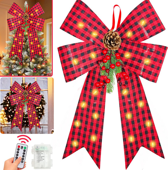 24'' x 14'' Prelit Large Christmas Bows Decorations with 8 Modes Timer Remote, 20 Lights Black Red Buffalo Plaid Xmas Wreath Bow for Christmas Tree Topper Garland Outdoor Indoor Home (Battery Powered)