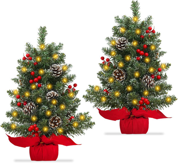 TURNMEON 2 Pack 24 Inch Lighted Small Christmas Trees, Artificial Tabletop Mini Xmas Tree with Timer 30 LED Lights 8 Pine Cones 8 Red Berried and Lifelike Branches for Christmas Holiday Indoor Decor TURNMEON 2 Pack 24 Inch Lighted Small Christmas Trees, Artificial Tabletop Mini Xmas Tree with Timer 30 LED Lights 8 Pine Cones 8 Red Berried and Lifelike Branches for Christmas Holiday Indoor Decor