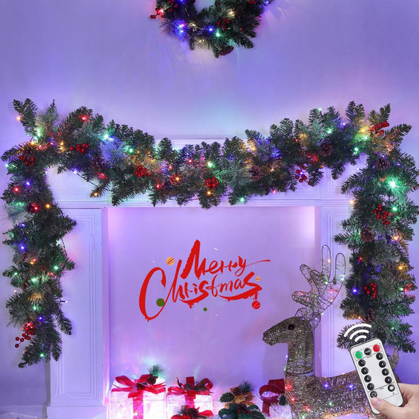 8 Modes & Remote Control - 9Ft Pre-Lit Christmas Garland, Christmas Decorations Artificial Garland with Timer 50 LEDs Pine Cones Berried Smokey Pine Bristle, Xmas Garland for Christmas Decor Indoor