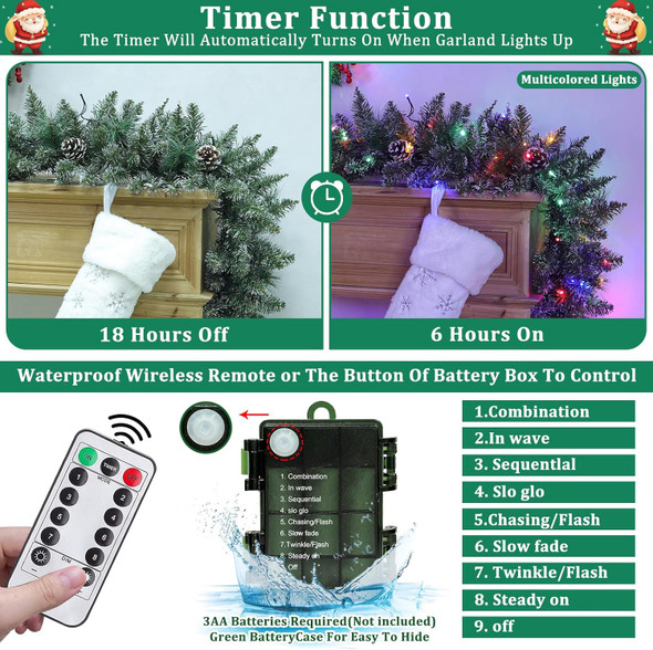 Remote Control&Timer - 9Ft by 12Inch Prelit Christmas Garland Decorations Snowy Thick Garland with 50 Colorful Lights 8 Modes 250 Branch Tips 20 Canyon Pines 10 Pinecones Xmas Garland Mantle Fireplace