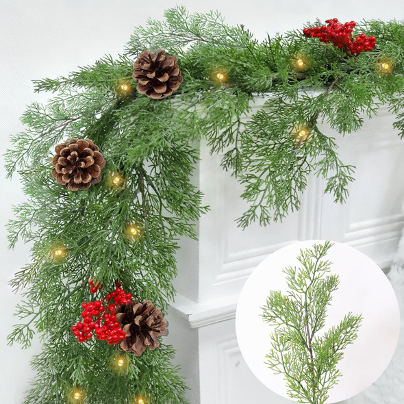 6Ft 20LED Christmas Garland - Cedar Garland - Cypress Garland Realistic-Feel PE Pine Garland Christmas Garland with Lights Timer Pinecone Berried Christmas Decoration for Mantle Fireplace Table Stairs