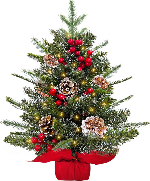 24 Inch Tabletop Christmas Tree,Realistic-Feel PE Norfolk Pine Frosted Mini Small Christmas Tree with Timer 30 LED Warm Lights Red Berry Pincone Cloth Base Cedar Artificial Xmas Tree Home Indoor Table